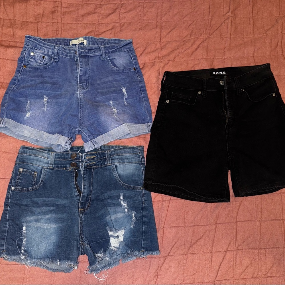 Black and Blue Jean Shorts with Distressed Details